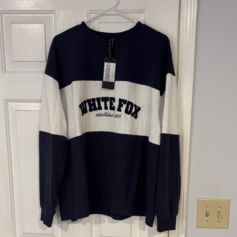 Oversized White Fox Boutique Navy and White Colorblock Logo Crewneck